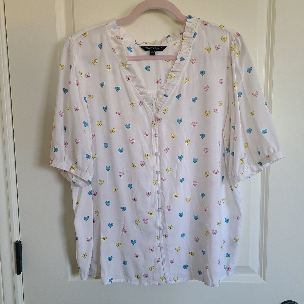 White Conversation Hearts Valentine Ruffle Short Sleeve Blouse Large